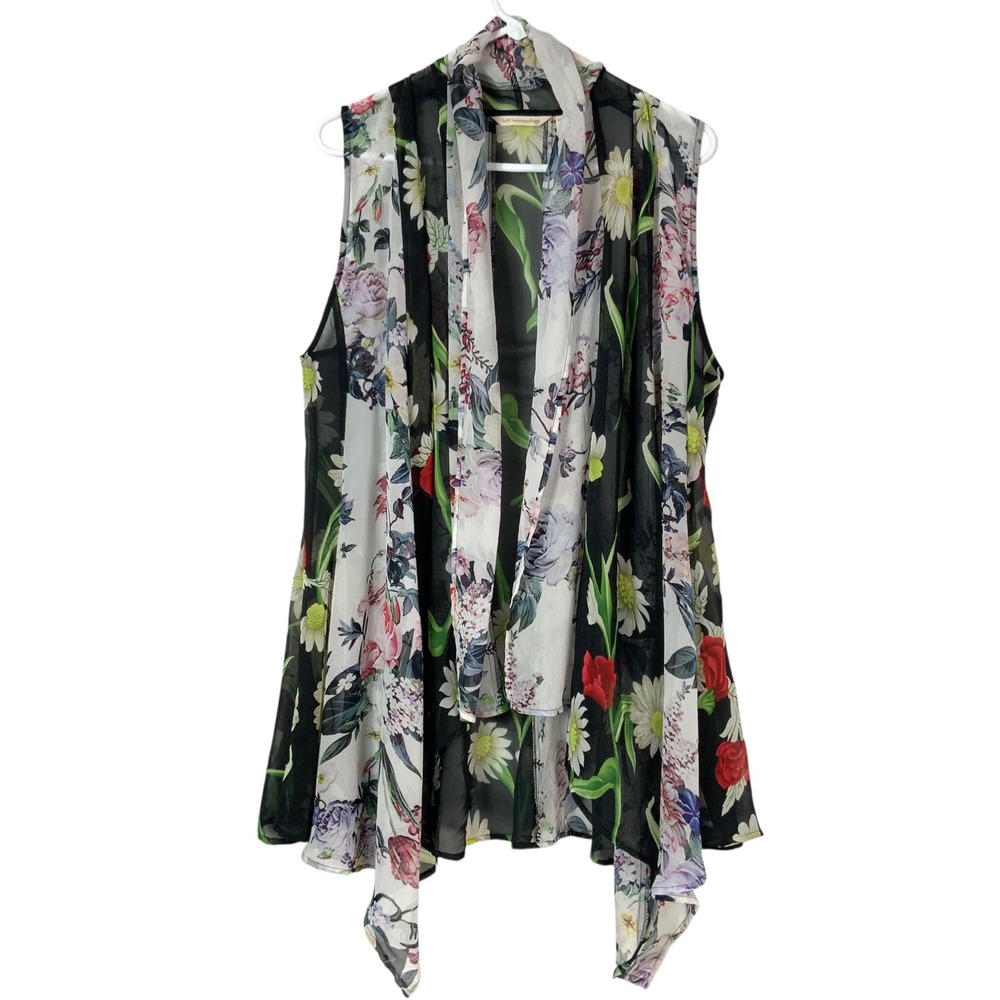 Soft Surroundings Floral Sheer Chiffon Open Front Draped Vest Black L/XL